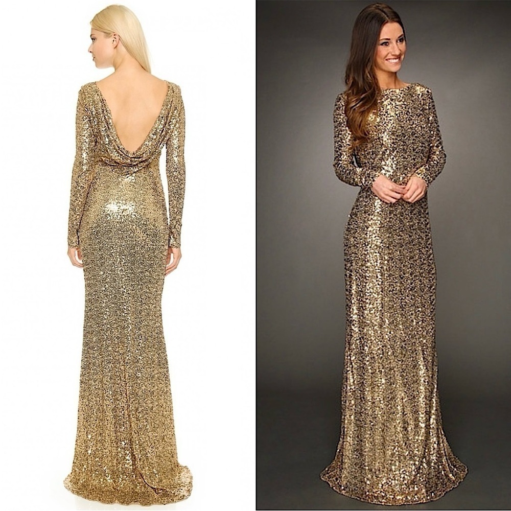 Badgley Mischka Gold Sequin Long Sleeve Boat Neck Cowl Back Stretch Maxi Gown 5